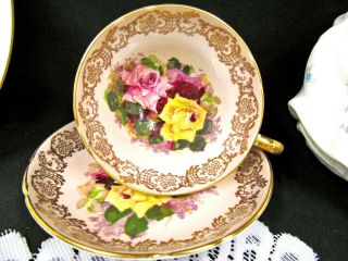 Stanley Tea Cup And Saucer Pink & 3 Rose Pattern Gold Gilt Teacup Cabbage Rose