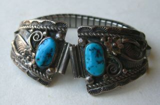 Vintage Navajo Indian Sterling Silver Turquoise Wrist Watch Band Signed