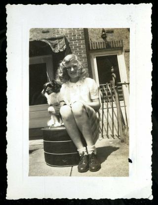 Vintage Photo Young Girl Sits On Stool With Family Dog 1944 Early Americana