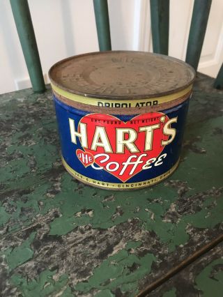 Vintage 1 Lb Hart’s Coffee Tin Can General Store Advertising Heart Cincinnati