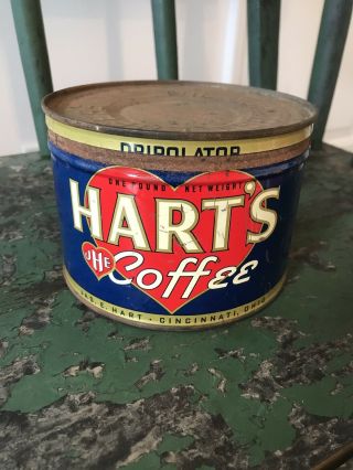 Vintage 1 Lb Hart’s Coffee Tin Can General Store Advertising Heart Cincinnati 2
