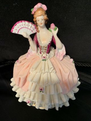 Dresden Volkstedt Figurine German Lace Porcelain Figurine Lady With Fan