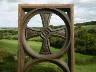 19thc Gothic Oak Carved Church Panel With Celtic Cross C.  1850