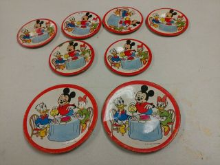 8 Vintage Disney Mickey Mouse Tin Litho Childs Toy Tea Set Dishes