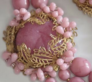 Vintage Miriam Haskell Gold Gilt Filigree Pink Art Glass Bead Necklace