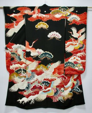 Japanese Kimono Silk Antique Furisode / Very Rare / Crane / Finest Vintage /671