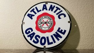 Vintage Atlantic Gasoline Porcelain Gas Refining Service Station Pump Plate Sign