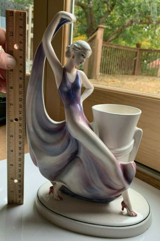 Art Deco Woman In Purple Dress 12 " Figurine Vase Katzhutte Hertwig 1920 