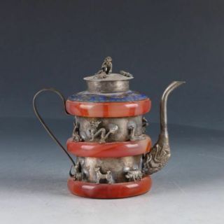 Chinese Exquisite Silver Copper & Jade Handmade Carving (12 生肖 ）teapot