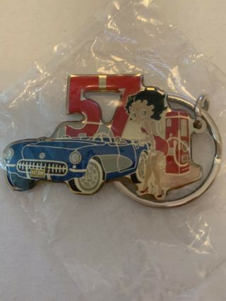 Betty Boop With 1957 Corvette Metal Key Chain,  Old Stock