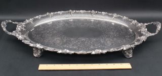 Lrg Antique Ellis Barker English Silver Plate On Copper Pierced Grapes Oval Tray