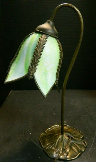 Vintage Water Lily Lotus Gooseneck Lamp W/ Green & White Slag Glass Shade Excel