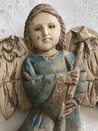 Primitive Vintage Folk Art Hand Carved Wooden Blue Angel Signed N Star Scepter