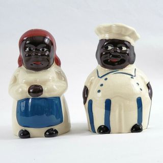 Vintage Black Americana Chef And Cook Salt And Pepper Ceramic Shakers 4 3/4 " H