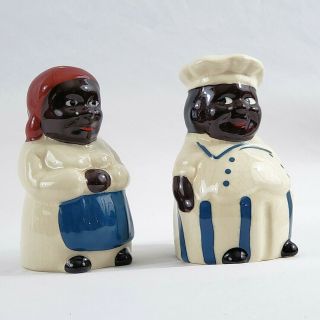 Vintage Black Americana Chef and Cook Salt and Pepper Ceramic Shakers 4 3/4 