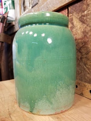 Vintage One 1 Gallon Green Glaze Stoneware planter art deco mid century yard art 3