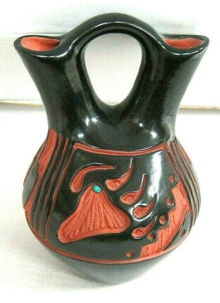 Native American Signed Carved Black On Red Wedding Vase Bear Paw Turquoise Stone
