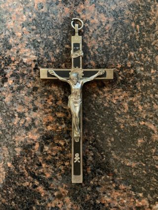 Antique German Crucifix Skull & Crossbones Catholic Metal Inlaid Wood 6 " Germany