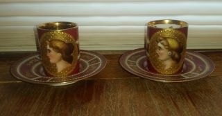 2 Antique Austrian Demitasse Cups & Saucers Hand Painted Portraits W/ Gold