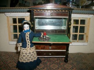 Antique German China Dollhouse Doll W/ German Wooden Ornate Boulle Bureau/ Desk
