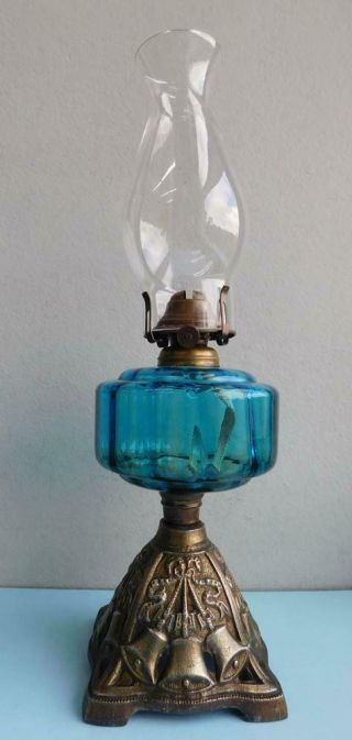 Peacock Blue Glass Oil Table Lamp Cast Iron Stand 1900s Miller Burner