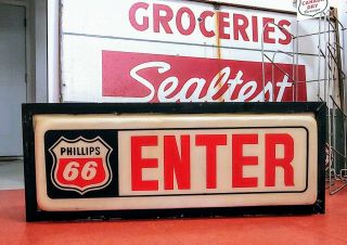 Vintage Phillips 66 Gas Station Enter Lighted Sign 50s Old Oil Can Display Rack