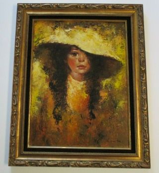 Mystery Artist Signed Big Eye Girl Painting Pretty Girl Woman Young Vintage 1970