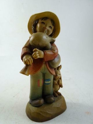 Vintage Anri Hand Carved Wood Italian Italy Figurine Statue Bagpipes Boy Rabbit