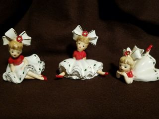 3 Vintage 1963 Inarco E 1265 Christmas Figurines,  Girls With Big Bows Poinsettia