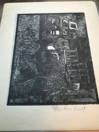Vintage Jack Daniels Dan Quest Woodcut Rice Paper Print Signed The Old Office