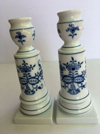 2 Meissen Candle Stick Holder Porcelain Blue Onion Rare Antique Vintage Rd15