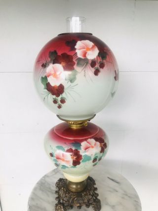 Antique Victorian Banquet Oil Lamp Hand Painted Gwtw Pansies Floral Plume Atwood