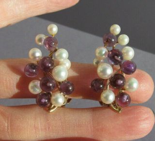 3d Antique 14k Yellow Gold White Pearl & Amethyst Cluster Clip On Earrings 13.  8g