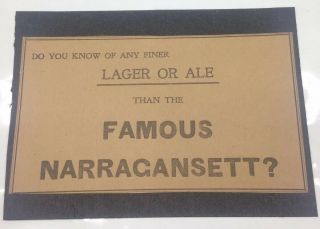 Antique Narragansett Lager Ale Pre Pro Advertising Prohibition Ad Rhode Island