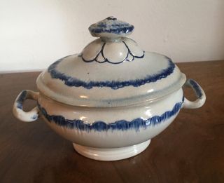 Antique 19th C.  Leeds Blue Feather Edge Pearlware Creamware Sauce Tureen & Cover