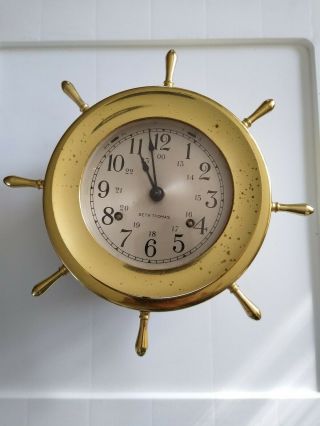 Vintage Seth Thomas Ships Clock E537 - 001 Helmsman Ship Wheel Brass No Key