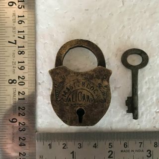 An Old Antique Solid Brass Padlock Lock With Key Small Or Miniature Master Lock.