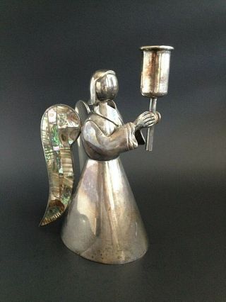 Vintage Los Castillo Taxco Mexico Silver Plate Angel Candle Holder Inlaid Wings