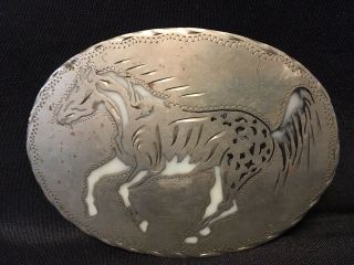 Vintage R&b Hand Crafted German Silver Belt Buckle Horse Inlay Denver Colorado