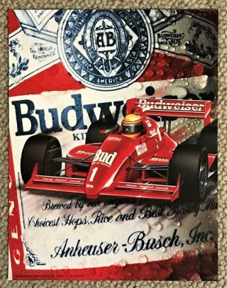 Budweiser Beer Formula One Race Car Racing Poster 1990 Anheuser - Busch Brewery
