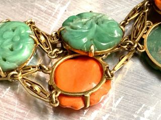 Rare Vintage Chinese 14k Yellow Gold Coral & Jade Jadeite Bracelet