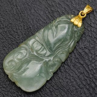 Vintage 24k Yellow Gold Green Jade Carved Reversible Floral Pendant 14 Grams