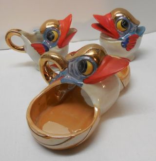Porcelain Duck Creamer Lidded Sugar Handled Carry Tray Lusterware Vintage 4 Pc