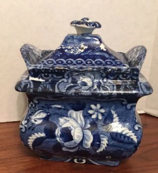 Clews Historic Dark Blue Staffordshire Rectang.  Sugar Bowl & Lid Gorgeous 1820s