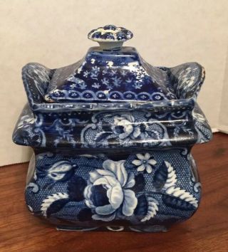 Clews Historic Dark Blue Staffordshire Rectang.  Sugar Bowl & Lid Gorgeous 1820s 3