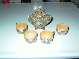 Vintage 6 Pc.  Set Japanese Moriage Satsuma Porcelain Sugar Jar / Lid 4 Tea Cups
