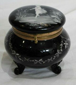 Late Victorian Mary Gregory Hand - Painted Black Art Glass Footed Box 4 " High