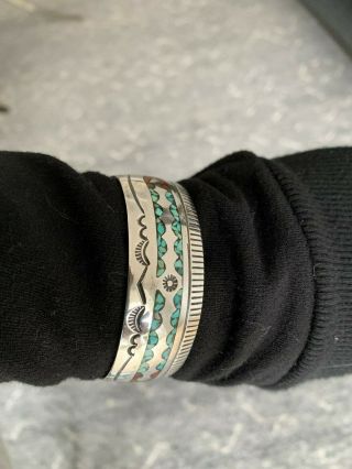 Vintage Navajo Gibson Gene Sterling Silver Turquoise Coral Inlay Cuff Bracelet