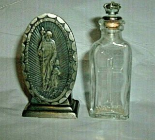 Antique Glass Holy Water Bottle W/metal Stand Crown Cap Cork Stopper