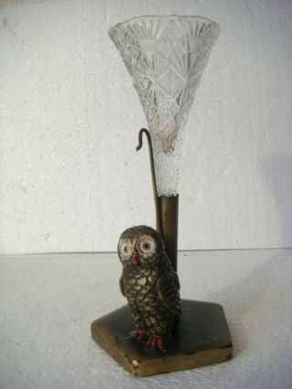 Rrr Rare Antique Metal Hand Painted Owl Glass Vase